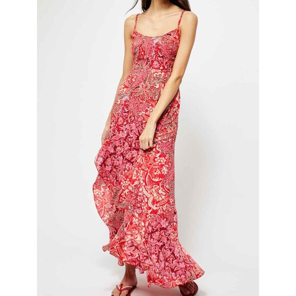 FP Intimately Forever Yours Smocked Slip Dress Red Floral Maxi Dress M - Picture 1 of 11